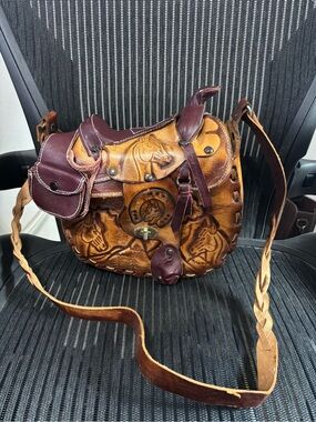 Vintage Hand Tooled and Sewn Leather Saddle Bag